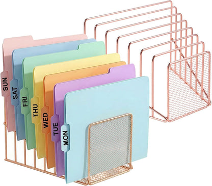 Rose Gold Desk Organizer 7 Slot Inclined Vertical File Folder Holder Sorter with Mesh Front – Metal Wire Rack for Mail, Slim Binders, Books Office Organization & Desktop Accessories