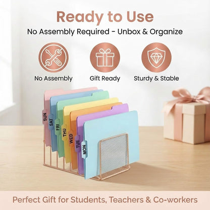 Rose Gold Desk Organizer 7 Slot Inclined Vertical File Folder Holder Sorter with Mesh Front – Metal Wire Rack for Mail, Slim Binders, Books Office Organization & Desktop Accessories