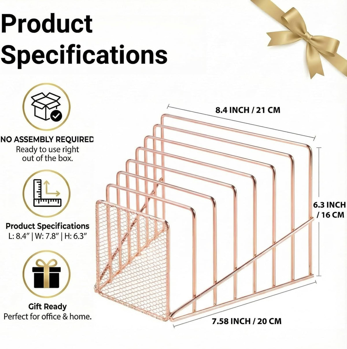 Rose Gold Desk Organizer 7 Slot Inclined Vertical File Folder Holder Sorter with Mesh Front – Metal Wire Rack for Mail, Slim Binders, Books Office Organization & Desktop Accessories
