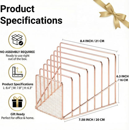 Rose Gold Desk Organizer 7 Slot Inclined Vertical File Folder Holder Sorter with Mesh Front – Metal Wire Rack for Mail, Slim Binders, Books Office Organization & Desktop Accessories