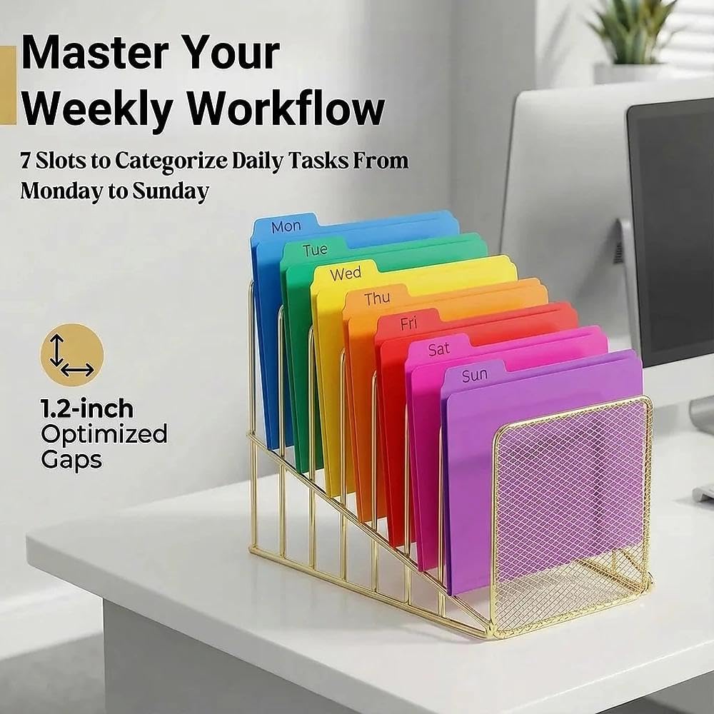Rose Gold Desk Organizer 7 Slot Inclined Vertical File Folder Holder Sorter with Mesh Front – Metal Wire Rack for Mail, Slim Binders, Books Office Organization & Desktop Accessories