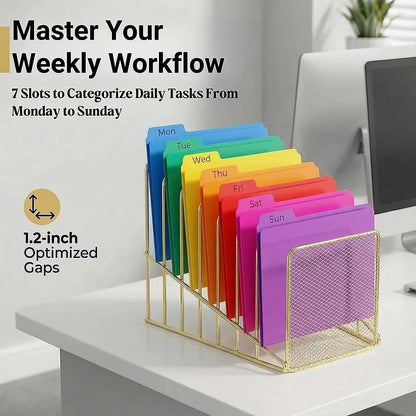 Rose Gold Desk Organizer 7 Slot Inclined Vertical File Folder Holder Sorter with Mesh Front – Metal Wire Rack for Mail, Slim Binders, Books Office Organization & Desktop Accessories