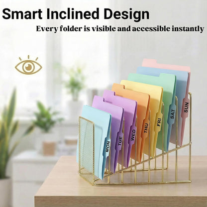 Rose Gold Desk Organizer 7 Slot Inclined Vertical File Folder Holder Sorter with Mesh Front – Metal Wire Rack for Mail, Slim Binders, Books Office Organization & Desktop Accessories