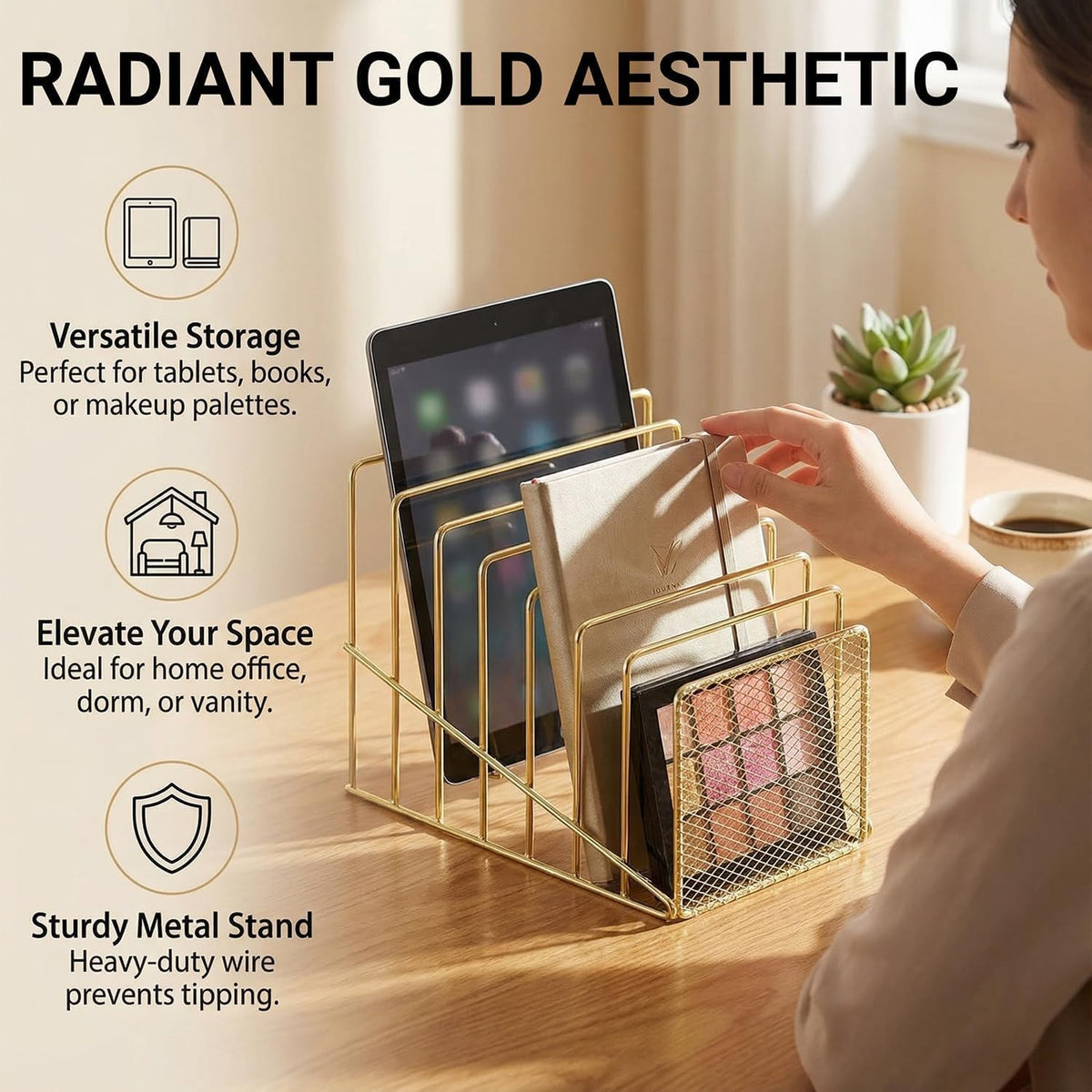 Rose Gold Desk Organizer 7 Slot Inclined Vertical File Folder Holder Sorter with Mesh Front – Metal Wire Rack for Mail, Slim Binders, Books Office Organization & Desktop Accessories