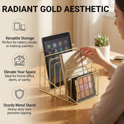 Rose Gold Desk Organizer 7 Slot Inclined Vertical File Folder Holder Sorter with Mesh Front – Metal Wire Rack for Mail, Slim Binders, Books Office Organization & Desktop Accessories