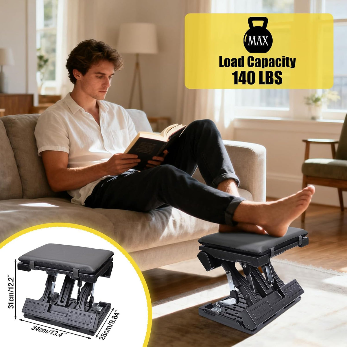 Foot Rest for Under Desk at Work Enlarged, Ergonomic Footrest with Adjustable Height and Angle, Foldable Foot Stool with Removable Pad Massage Beads for Office Gaming Chair Black