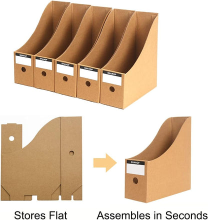 Foldable Desk File Holder Organizer Sturdy Cardboard Magazine Storage Box Document Rack with Blank Label Stickers for Home School Office (15, Brown)