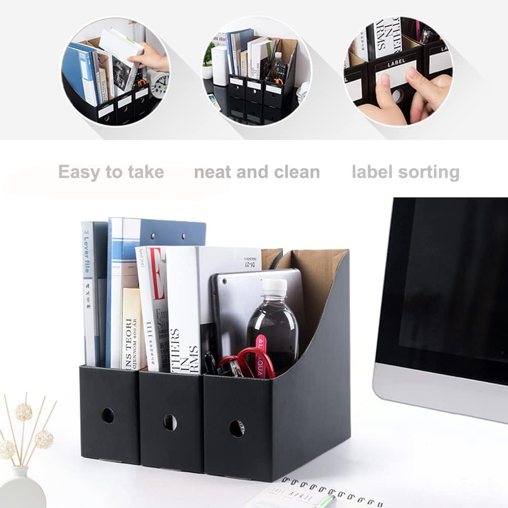 Foldable Desk File Holder Organizer Sturdy Cardboard Magazine Storage Box Document Rack with Blank Label Stickers for Home School Office (15, Brown)