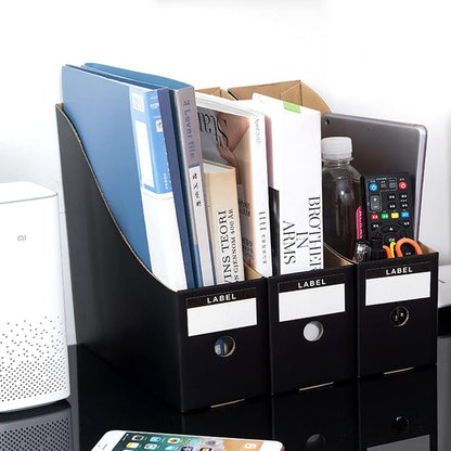 Foldable Desk File Holder Organizer Sturdy Cardboard Magazine Storage Box Document Rack with Blank Label Stickers for Home School Office (15, Brown)