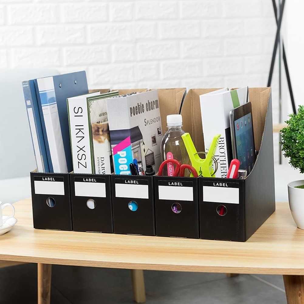 Foldable Desk File Holder Organizer Sturdy Cardboard Magazine Storage Box Document Rack with Blank Label Stickers for Home School Office (15, Brown)