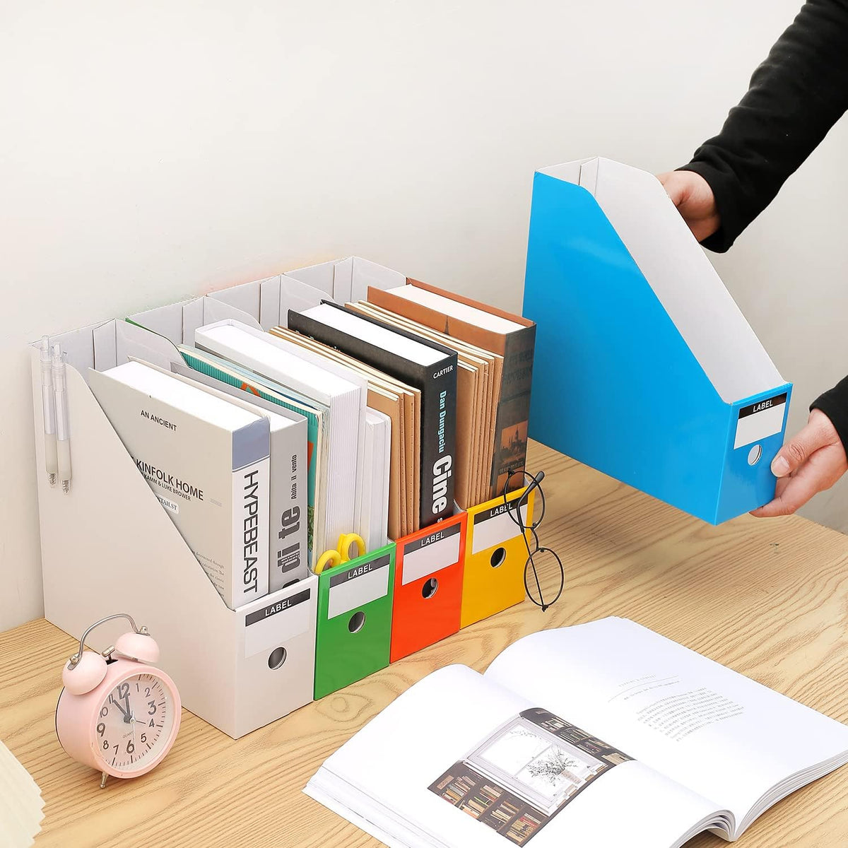 Foldable Desk File Holder Organizer Sturdy Cardboard Magazine Storage Box Document Rack with Blank Label Stickers for Home School Office (15, Brown)
