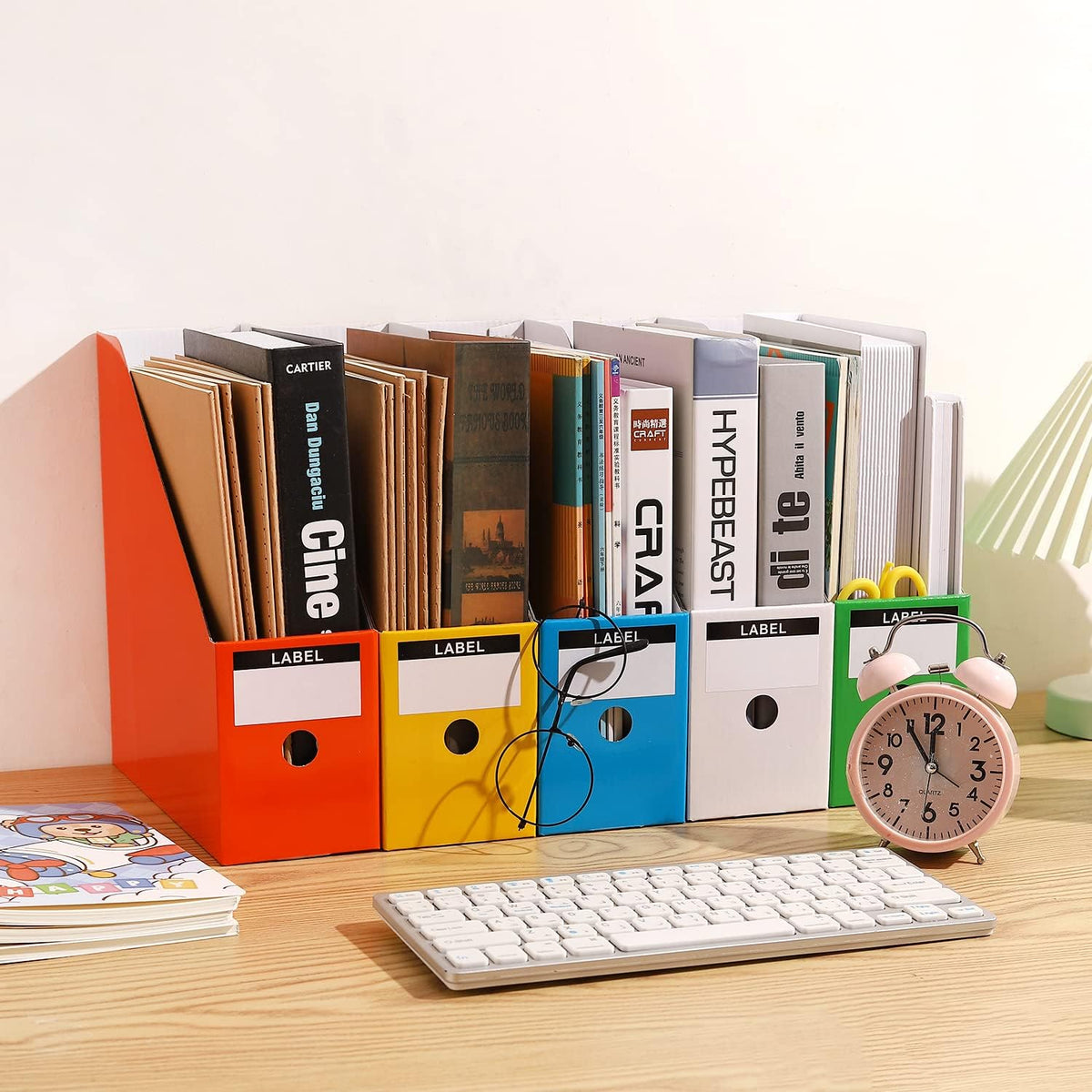Foldable Desk File Holder Organizer Sturdy Cardboard Magazine Storage Box Document Rack with Blank Label Stickers for Home School Office (15, Brown)