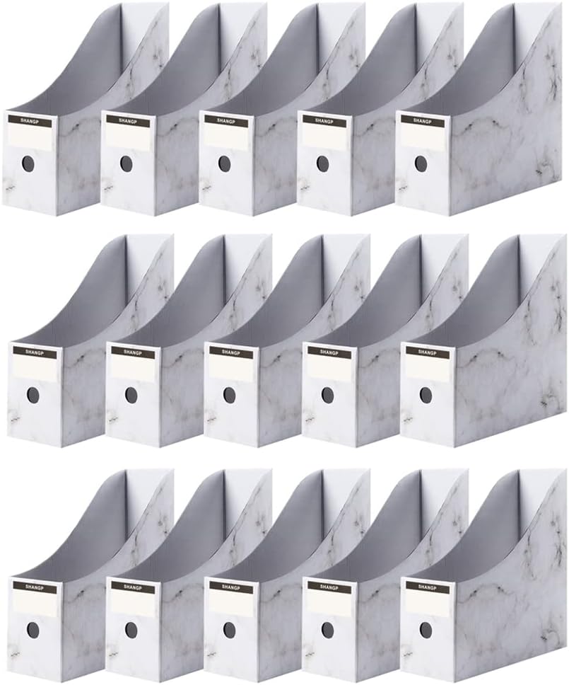 Foldable Desk File Holder Organizer Sturdy Cardboard Magazine Storage Box Document Rack with Blank Label Stickers for Home School Office (15, Brown)