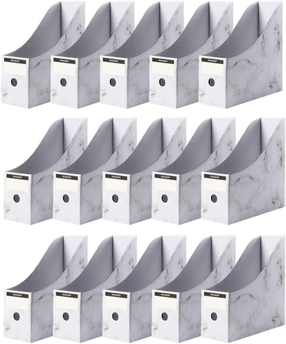 Foldable Desk File Holder Organizer Sturdy Cardboard Magazine Storage Box Document Rack with Blank Label Stickers for Home School Office (15, Brown)