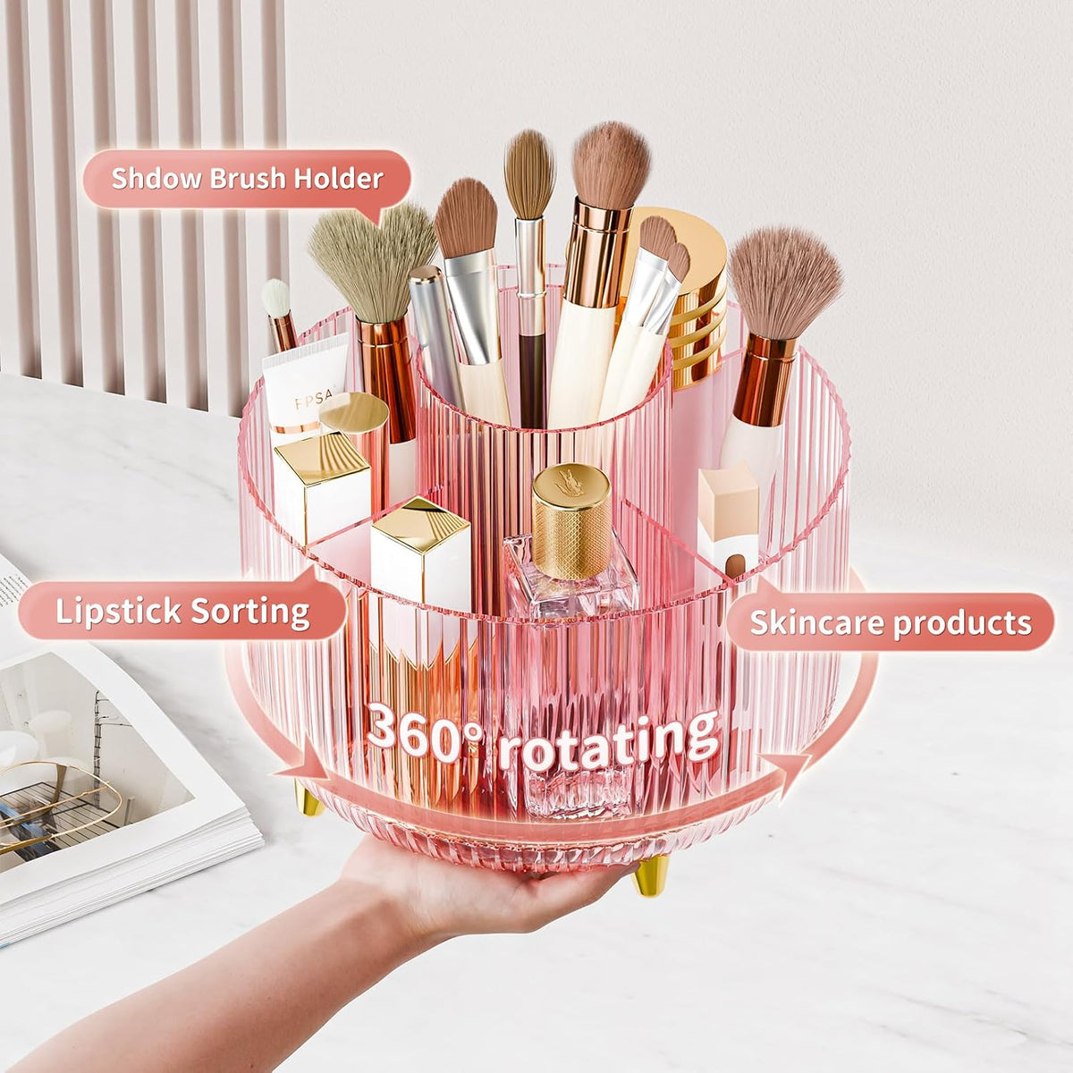 360° Rotate Makeup Brush Holder Organizer, Makeup Organizers Countertop, Makeup organization and Skincare Storage for Vanity, Desktop, Bathroom (White)