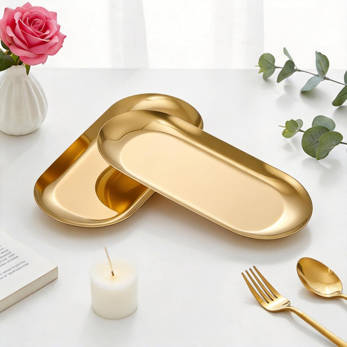 2PCS 7" Gold Stainless Steel Oval Jewelry Tray Ring Holder Dish