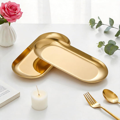 2PCS 7" Gold Stainless Steel Oval Jewelry Tray Ring Holder Dish