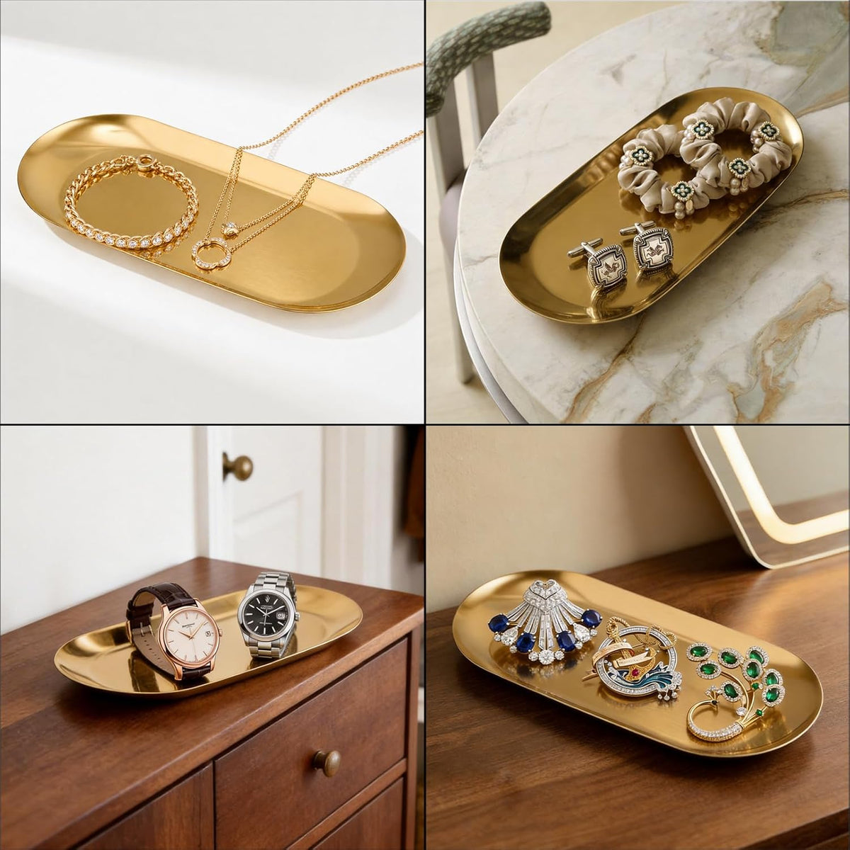 2PCS 7" Gold Stainless Steel Oval Jewelry Tray Ring Holder Dish