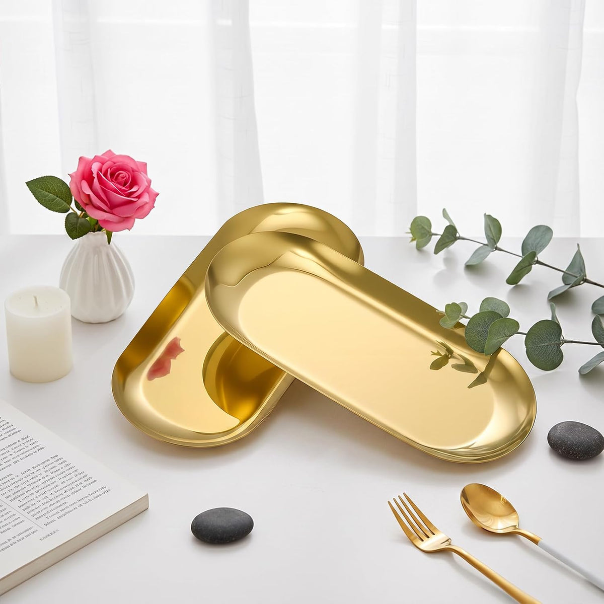 2PCS 7" Gold Stainless Steel Oval Jewelry Tray Ring Holder Dish