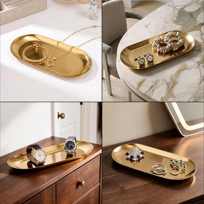 2PCS 7" Gold Stainless Steel Oval Jewelry Tray Ring Holder Dish