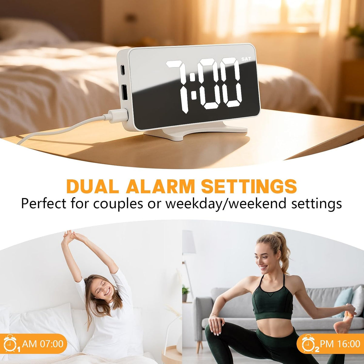 Digital Alarm Clock for Bedroom Dimmable Dual Desk Clock for Heavy Sleepers