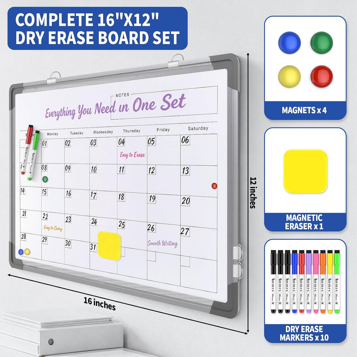 Monthly Calendar Whiteboard for Wall, Dry Erase Board, Magnetic White Board
