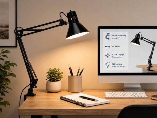 Bostitch Office VLF100 LED Swing Arm Desk Lamp with Clamp Mount, 36" Reach, Includes LED Bulb,Black