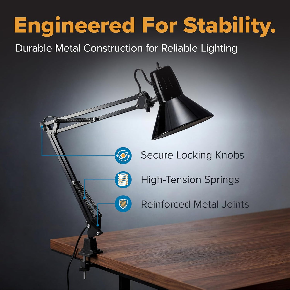 Bostitch Office VLF100 LED Swing Arm Desk Lamp with Clamp Mount, 36" Reach, Includes LED Bulb,Black