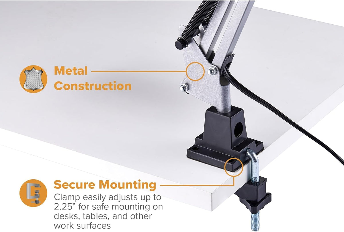 Bostitch Office VLF100 LED Swing Arm Desk Lamp with Clamp Mount, 36" Reach, Includes LED Bulb,Black