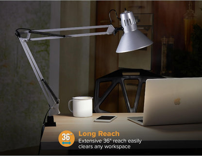 Bostitch Office VLF100 LED Swing Arm Desk Lamp with Clamp Mount, 36" Reach, Includes LED Bulb,Black