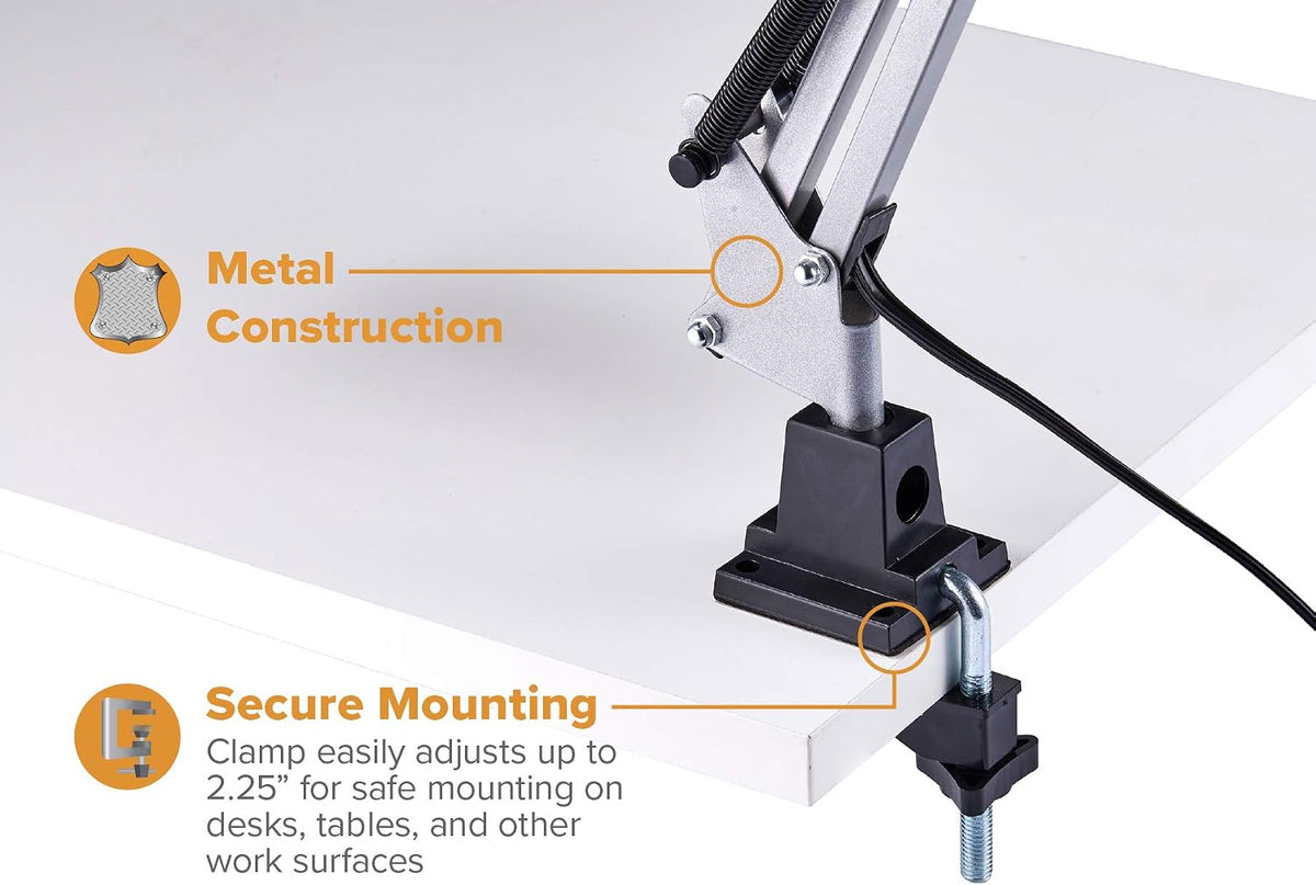 Bostitch Office VLF100 LED Swing Arm Desk Lamp with Clamp Mount, 36" Reach, Includes LED Bulb,Black