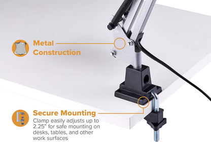 Bostitch Office VLF100 LED Swing Arm Desk Lamp with Clamp Mount, 36" Reach, Includes LED Bulb,Black