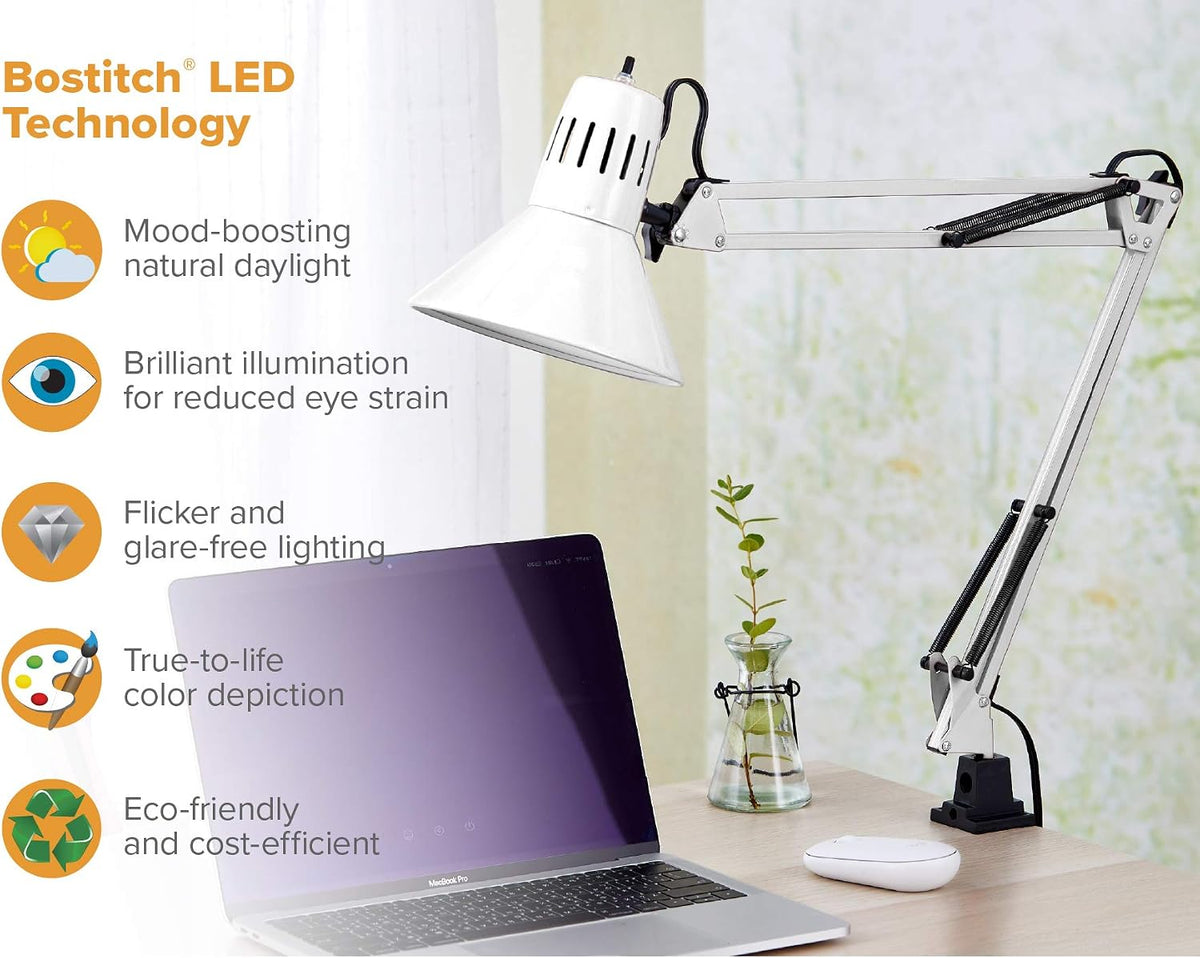 Bostitch Office VLF100 LED Swing Arm Desk Lamp with Clamp Mount, 36" Reach, Includes LED Bulb,Black