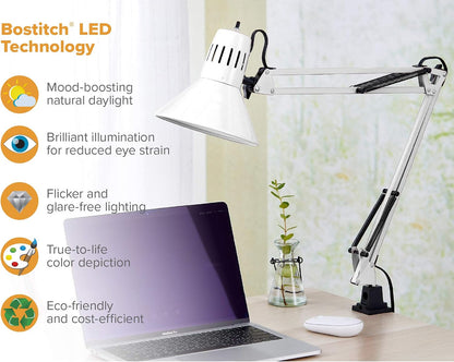 Bostitch Office VLF100 LED Swing Arm Desk Lamp with Clamp Mount, 36" Reach, Includes LED Bulb,Black