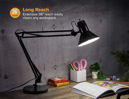 Bostitch Office VLF100 LED Swing Arm Desk Lamp with Clamp Mount, 36" Reach, Includes LED Bulb,Black