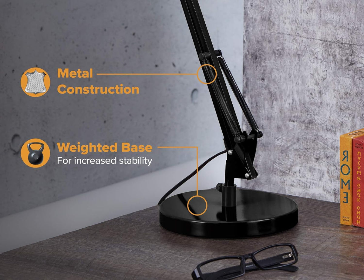 Bostitch Office VLF100 LED Swing Arm Desk Lamp with Clamp Mount, 36" Reach, Includes LED Bulb,Black
