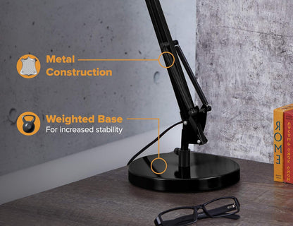 Bostitch Office VLF100 LED Swing Arm Desk Lamp with Clamp Mount, 36" Reach, Includes LED Bulb,Black