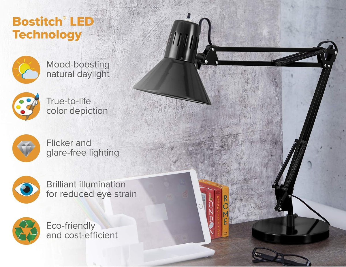 Bostitch Office VLF100 LED Swing Arm Desk Lamp with Clamp Mount, 36" Reach, Includes LED Bulb,Black