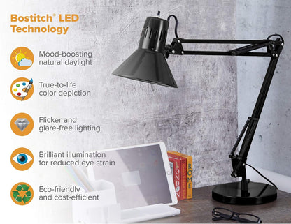 Bostitch Office VLF100 LED Swing Arm Desk Lamp with Clamp Mount, 36" Reach, Includes LED Bulb,Black