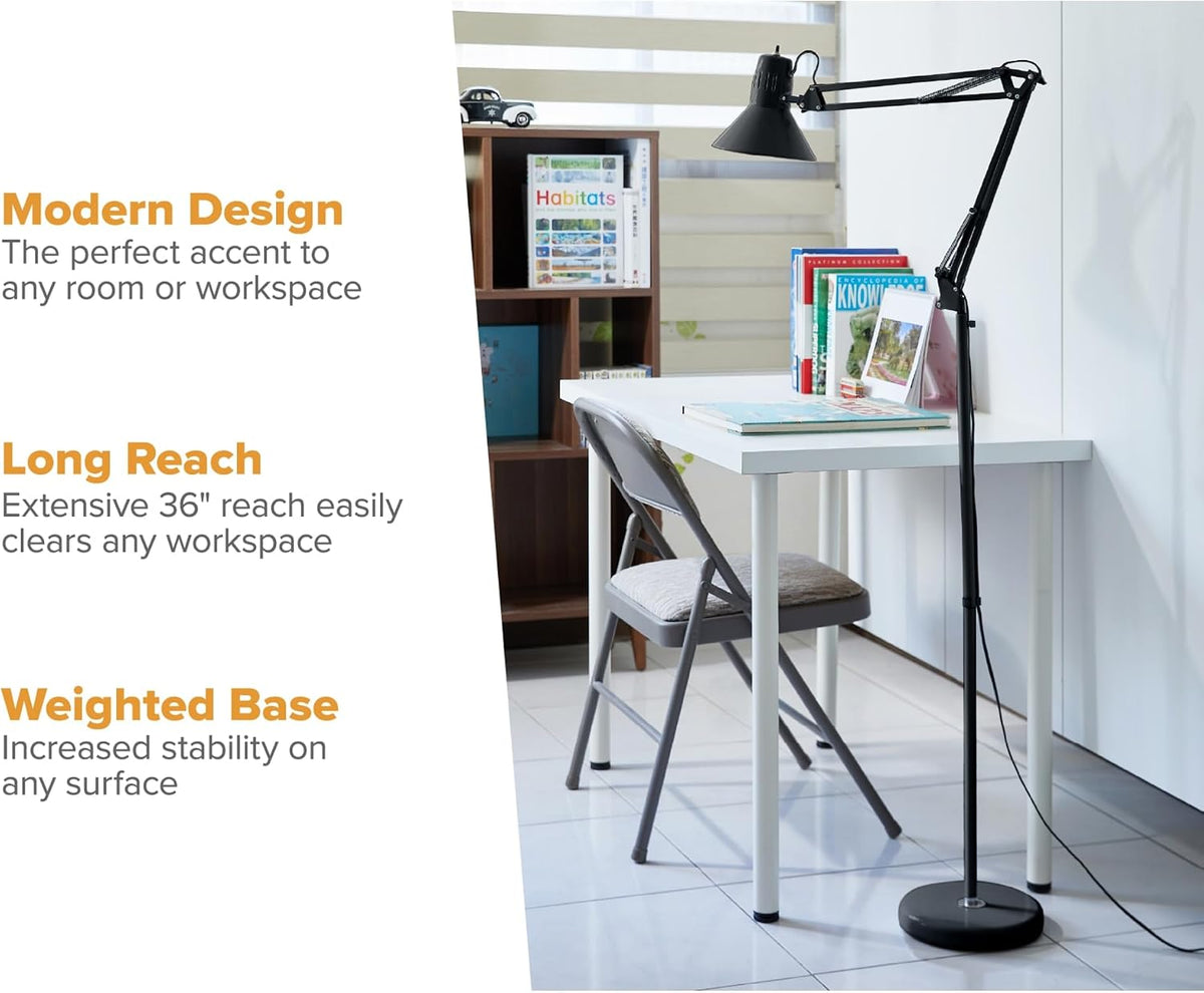 Bostitch Office VLF100 LED Swing Arm Desk Lamp with Clamp Mount, 36" Reach, Includes LED Bulb,Black