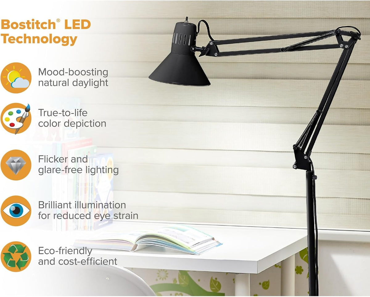 Bostitch Office VLF100 LED Swing Arm Desk Lamp with Clamp Mount, 36" Reach, Includes LED Bulb,Black