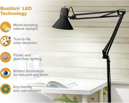 Bostitch Office VLF100 LED Swing Arm Desk Lamp with Clamp Mount, 36" Reach, Includes LED Bulb,Black