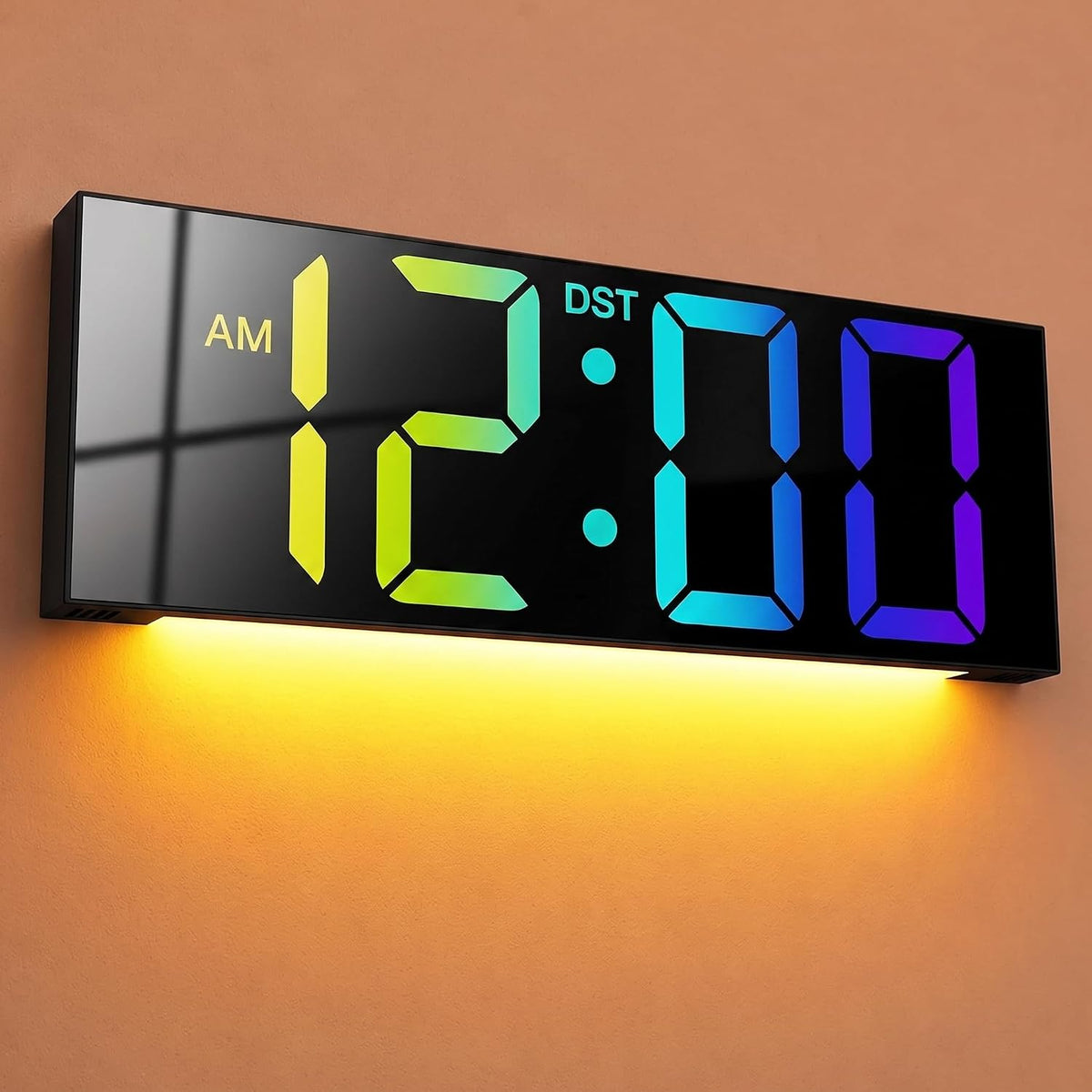 Digital Wall Clock with Big LED Numbers for Classroom, Wall Clock with 8 RGB Colors for Senior, Digital Clock with Auto DST, Night Light for Bedroom (Black)