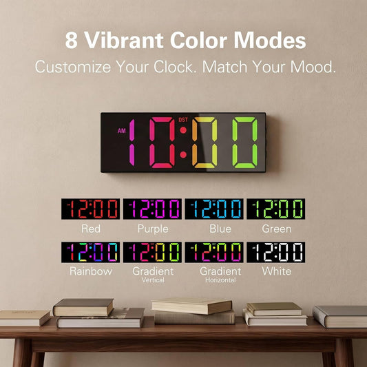 Digital Wall Clock with Big LED Numbers for Classroom, Wall Clock with 8 RGB Colors for Senior, Digital Clock with Auto DST, Night Light for Bedroom (Black)