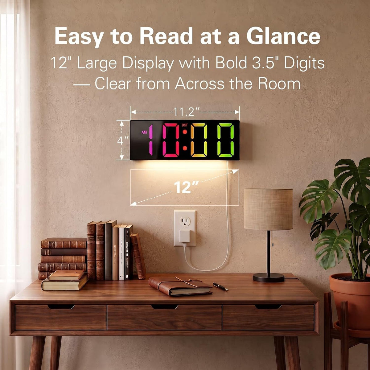 Digital Wall Clock with Big LED Numbers for Classroom, Wall Clock with 8 RGB Colors for Senior, Digital Clock with Auto DST, Night Light for Bedroom (Black)