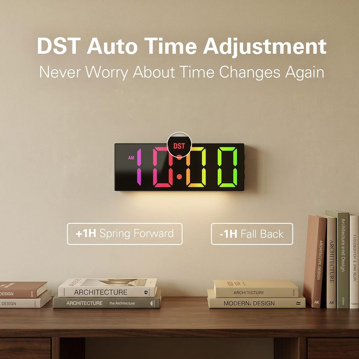 Digital Wall Clock with Big LED Numbers for Classroom, Wall Clock with 8 RGB Colors for Senior, Digital Clock with Auto DST, Night Light for Bedroom (Black)