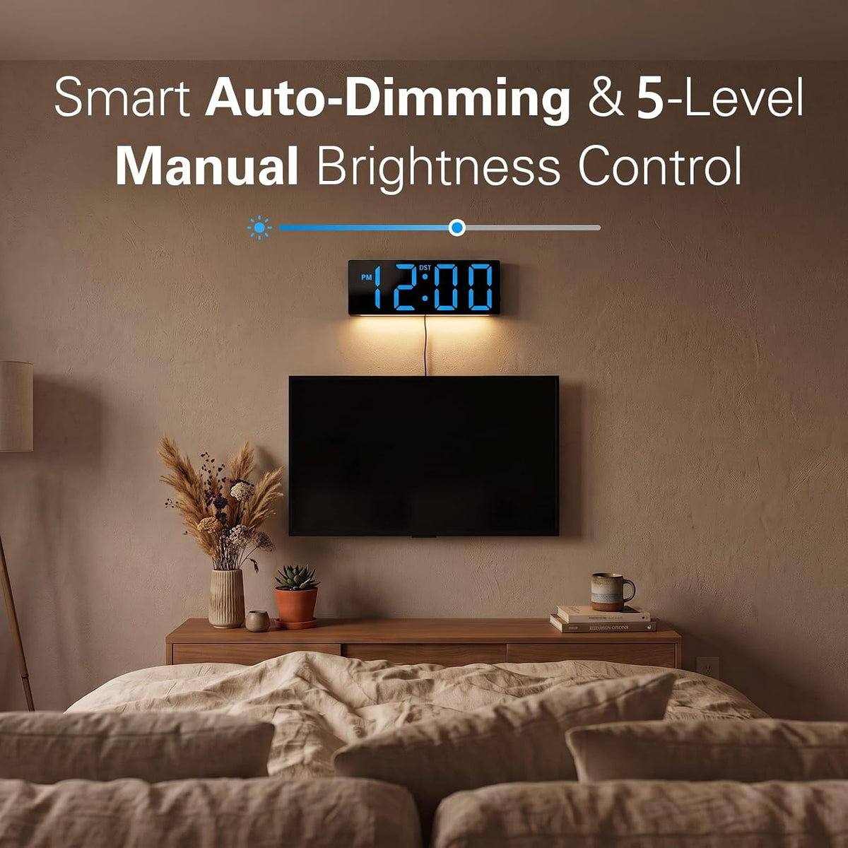 Digital Wall Clock with Big LED Numbers for Classroom, Wall Clock with 8 RGB Colors for Senior, Digital Clock with Auto DST, Night Light for Bedroom (Black)