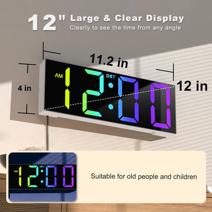 Digital Wall Clock with Big LED Numbers for Classroom, Wall Clock with 8 RGB Colors for Senior, Digital Clock with Auto DST, Night Light for Bedroom (Black)