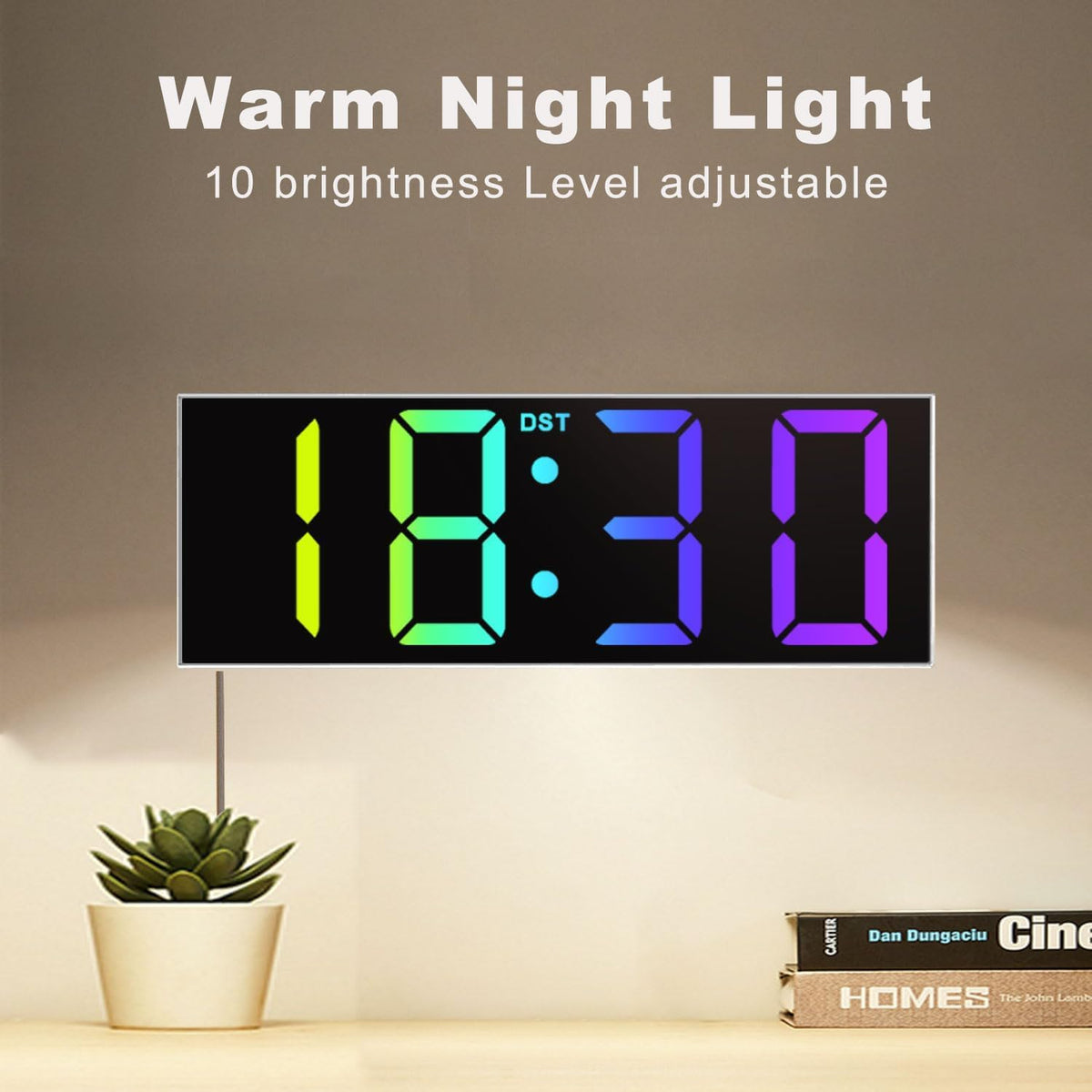 Digital Wall Clock with Big LED Numbers for Classroom, Wall Clock with 8 RGB Colors for Senior, Digital Clock with Auto DST, Night Light for Bedroom (Black)