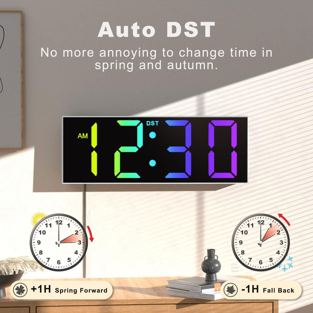 Digital Wall Clock with Big LED Numbers for Classroom, Wall Clock with 8 RGB Colors for Senior, Digital Clock with Auto DST, Night Light for Bedroom (Black)